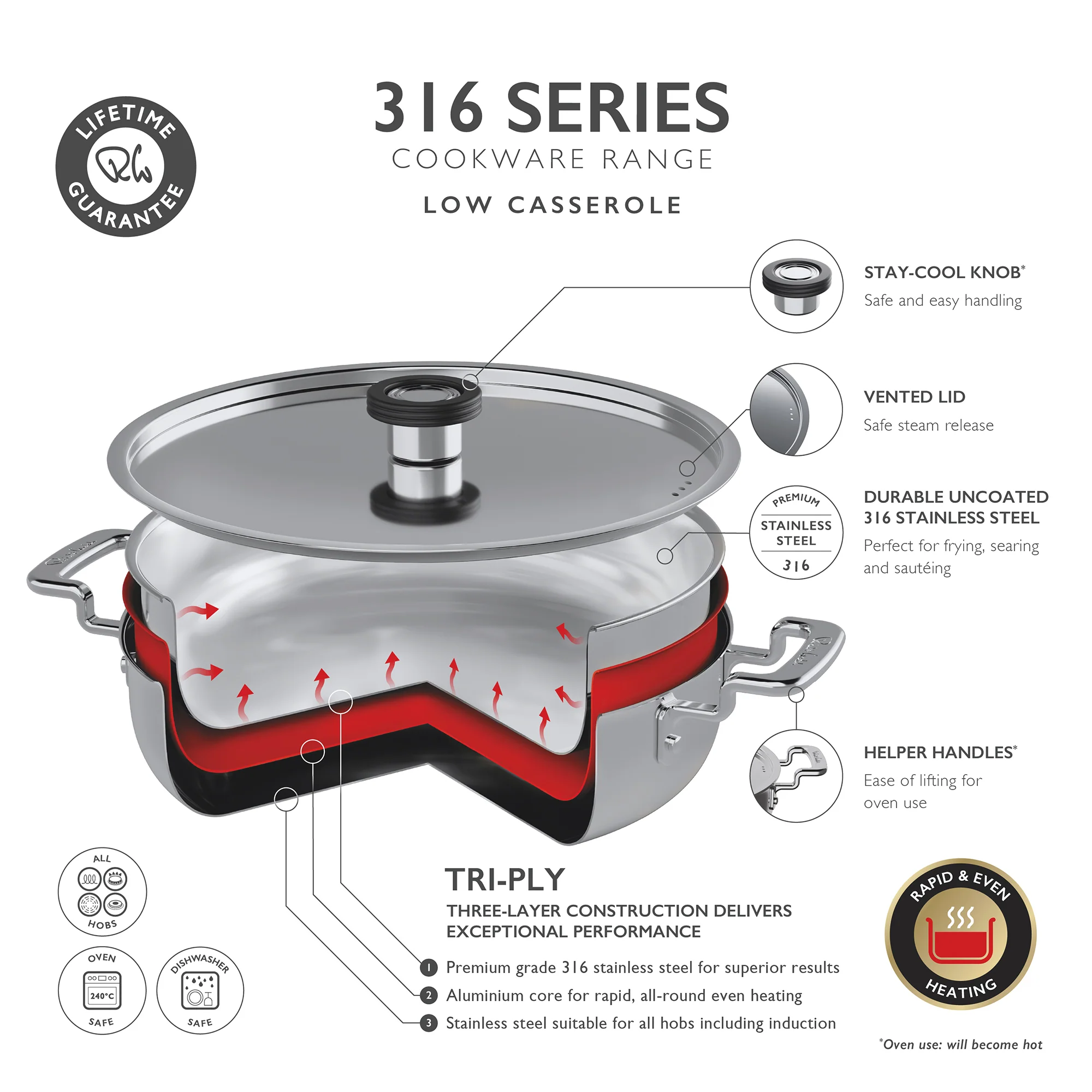 316 Series Cookware Low Casserole 28cm - Image 6