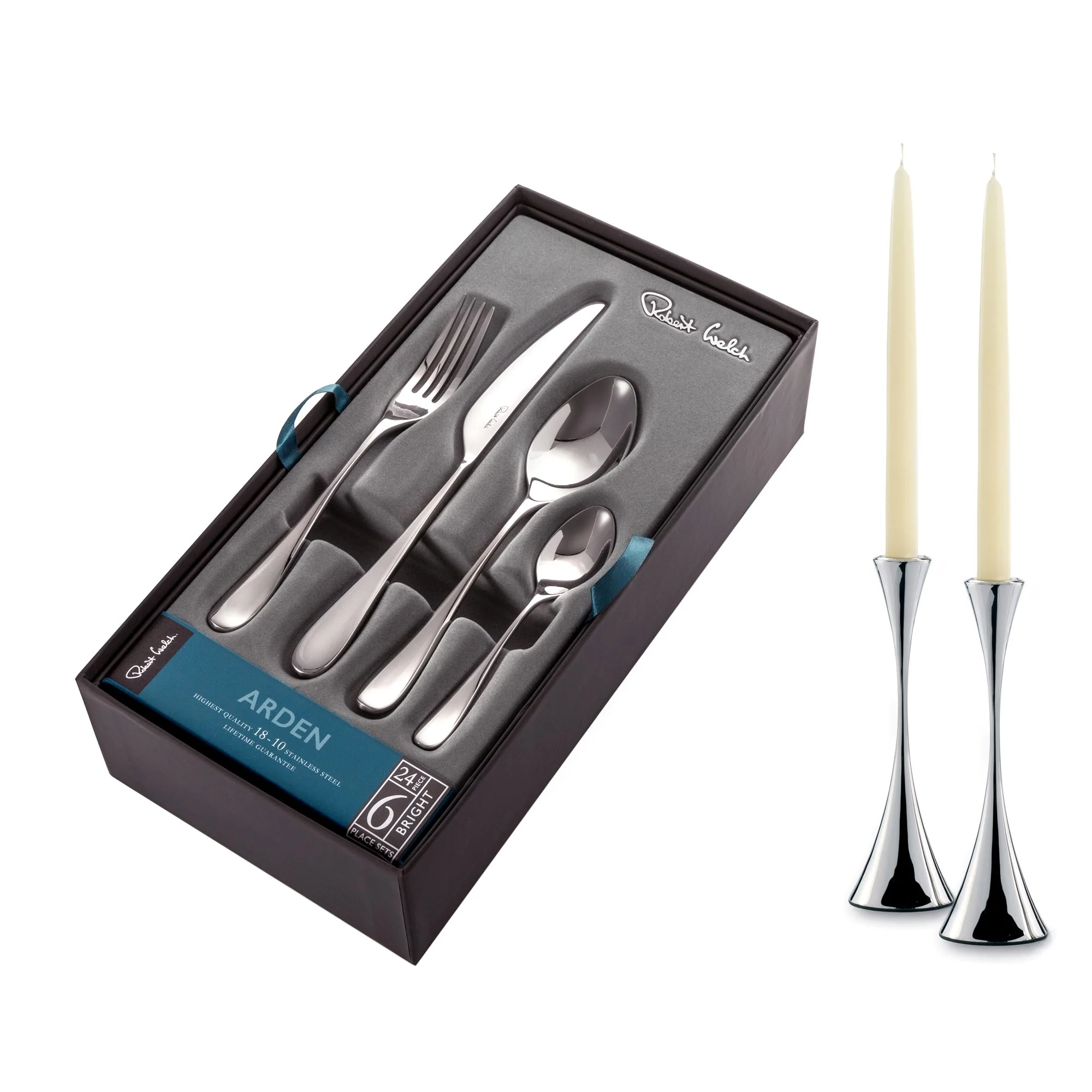 Arden Bright Cutlery Set, 24 Piece for 6 People - Includes 2 Arden Short Candlesticks - Image 3