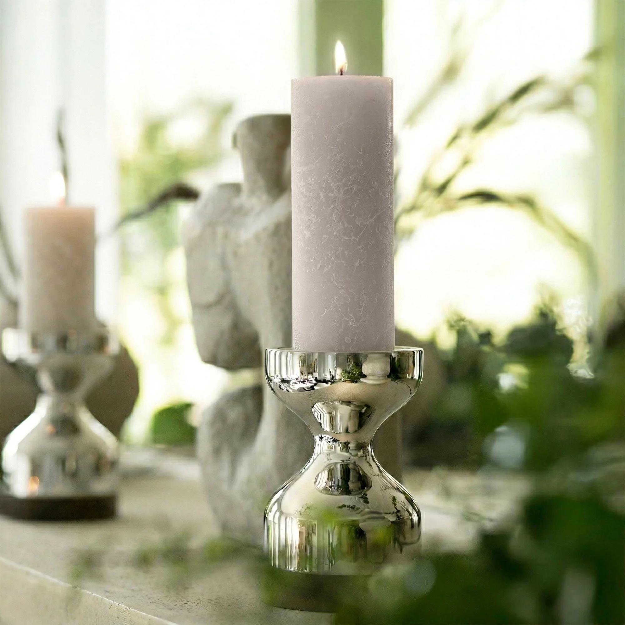 Sandy Grey Rustic Shine Pillar Candle 19cm - Image 2