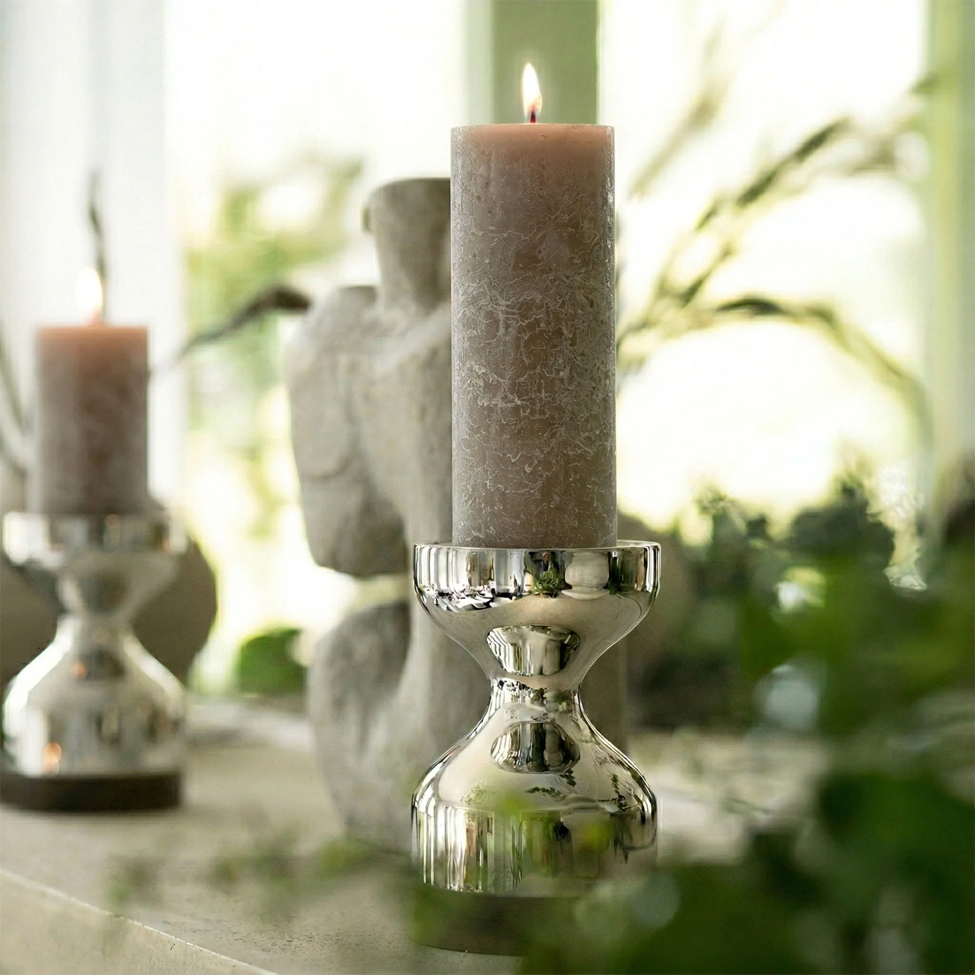 Suede Brown Rustic Shine Pillar Candle 19cm - Image 2