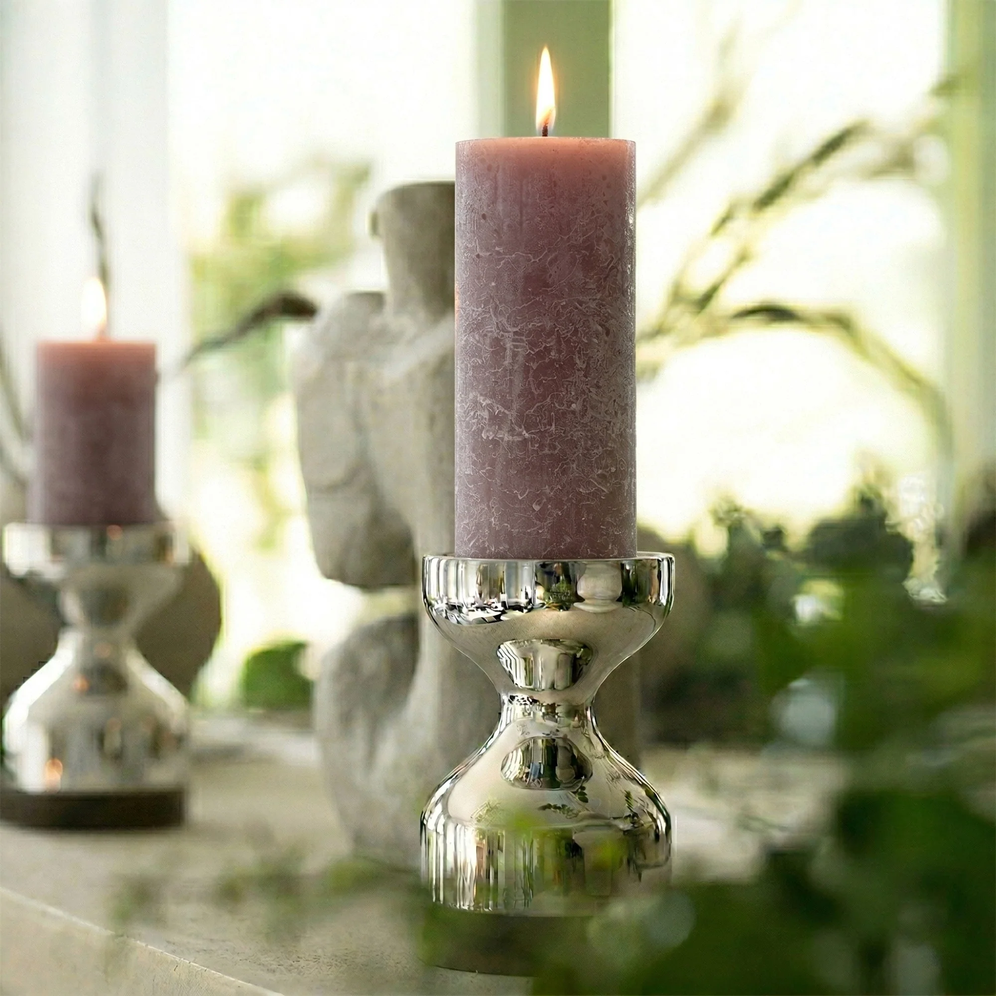 Taupe Rustic Shine Pillar Candle 19cm - Image 2